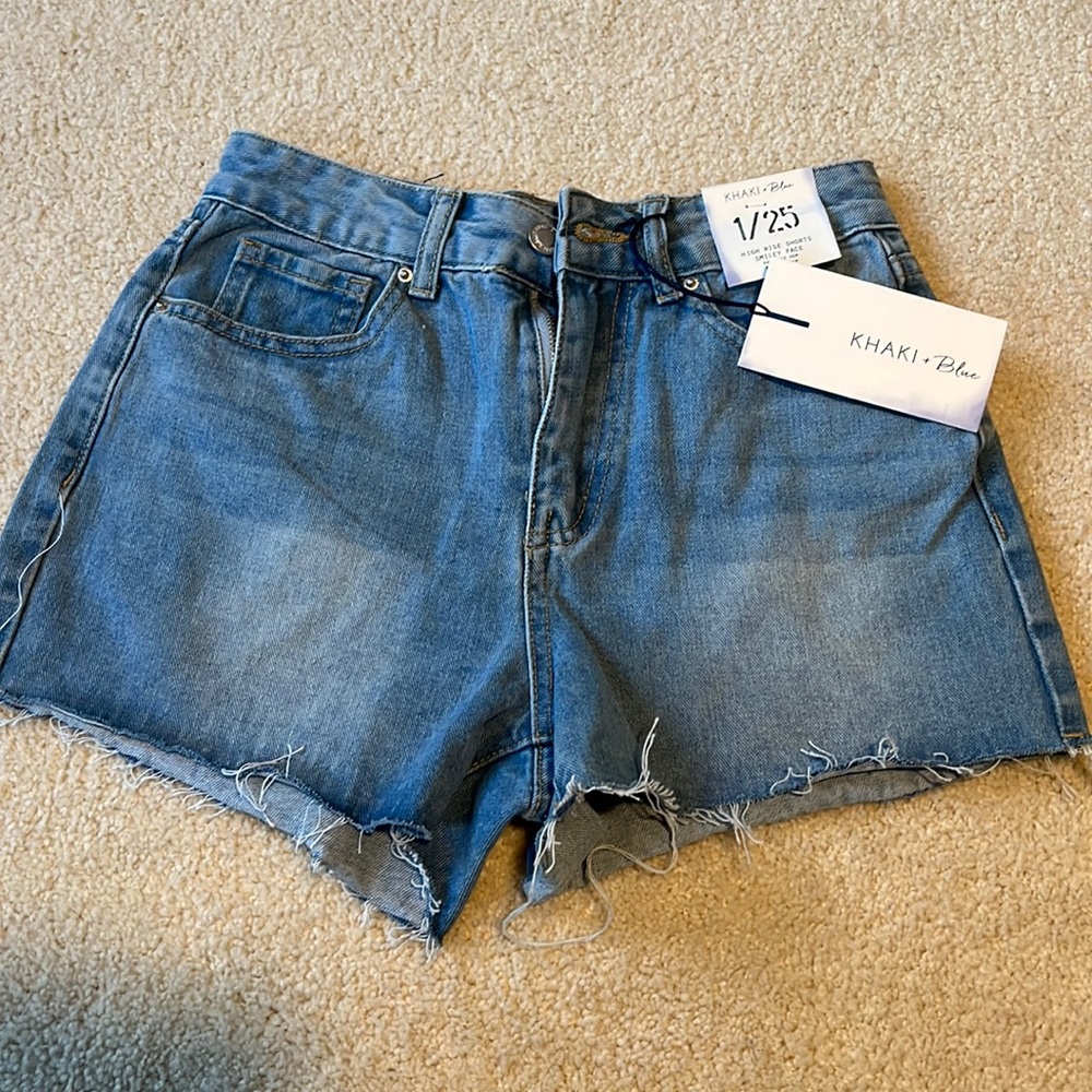 Khaki & blue High Rise Smiley face shorts